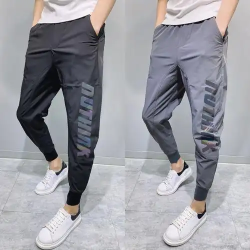 夏季印花冰丝裤男修身薄款黑色小脚九分弹力休闲裤