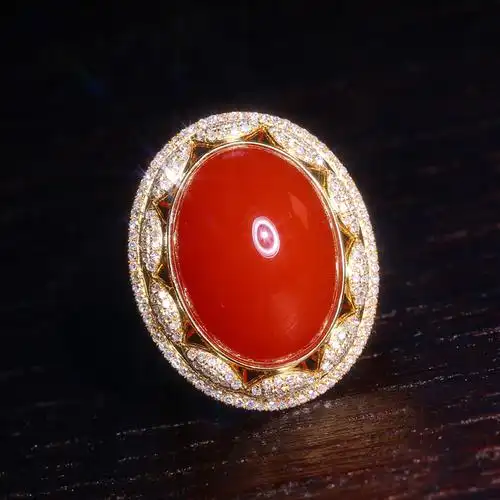 melinda梅林达熙旭南红玛瑙镶嵌蛋面戒指18k指环戒指