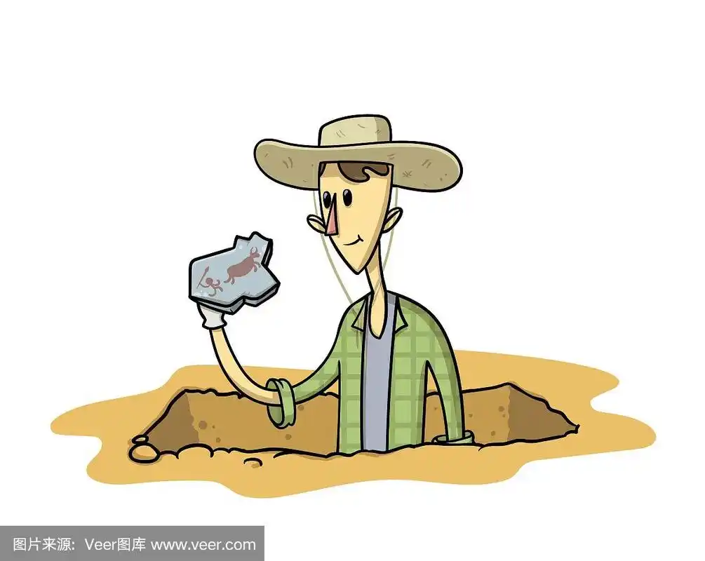 年轻的考古学家带着他的发现搁浅在挖掘坑里.