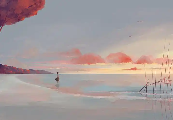 黄昏海边水彩插画手绘