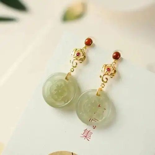 天然和田玉青玉镂空耳坠耳环