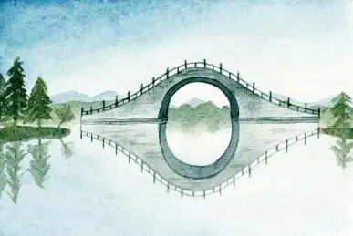 水彩手绘一座石拱桥倒映在水面上中国风插画