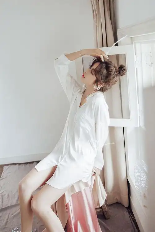 新品女士仿真丝睡衣夏长袖性感白衬衫诱惑短裙可挽袖宽松冰丝睡裙