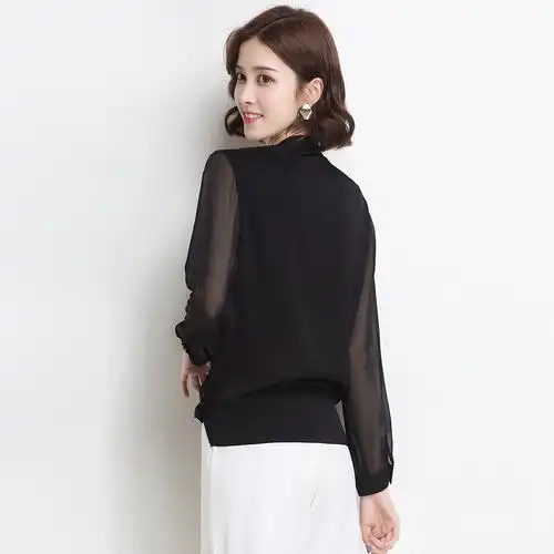 金菊女装春夏新款真丝衬衫女士圆领长袖桑蚕丝上衣女修身显瘦真丝上衣