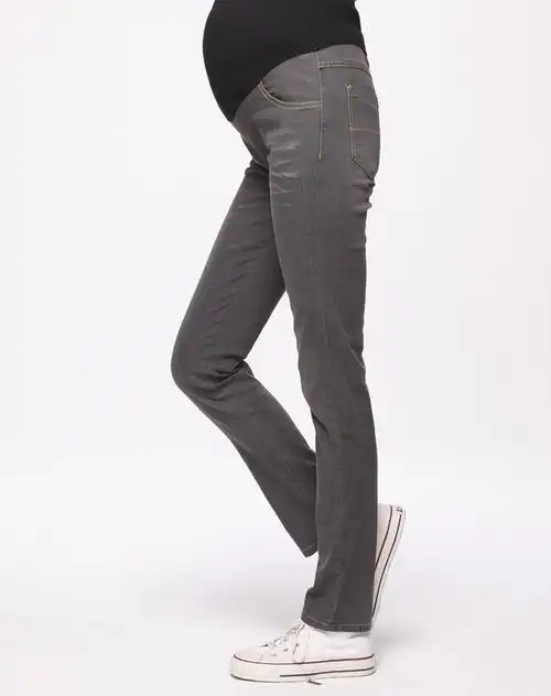 灰色牛仔适身全长直筒裤