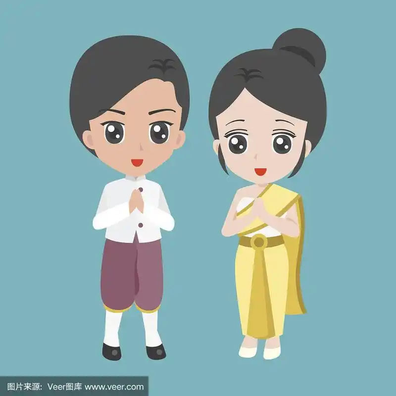 矢量卡通男女穿着泰国传统服装