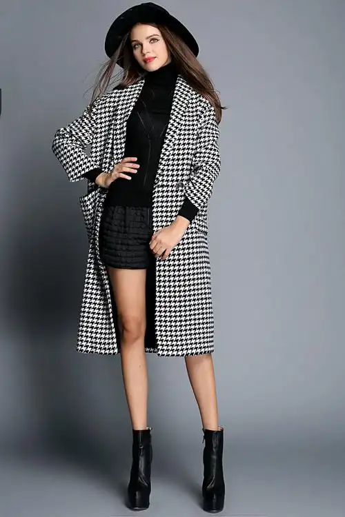 欧洲站2015秋冬新款千鸟格毛呢大衣长款