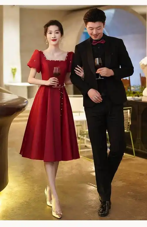 俞兆林敬酒服新娘夏季小个子酒红色结婚当天便装回门服订婚礼服连衣裙