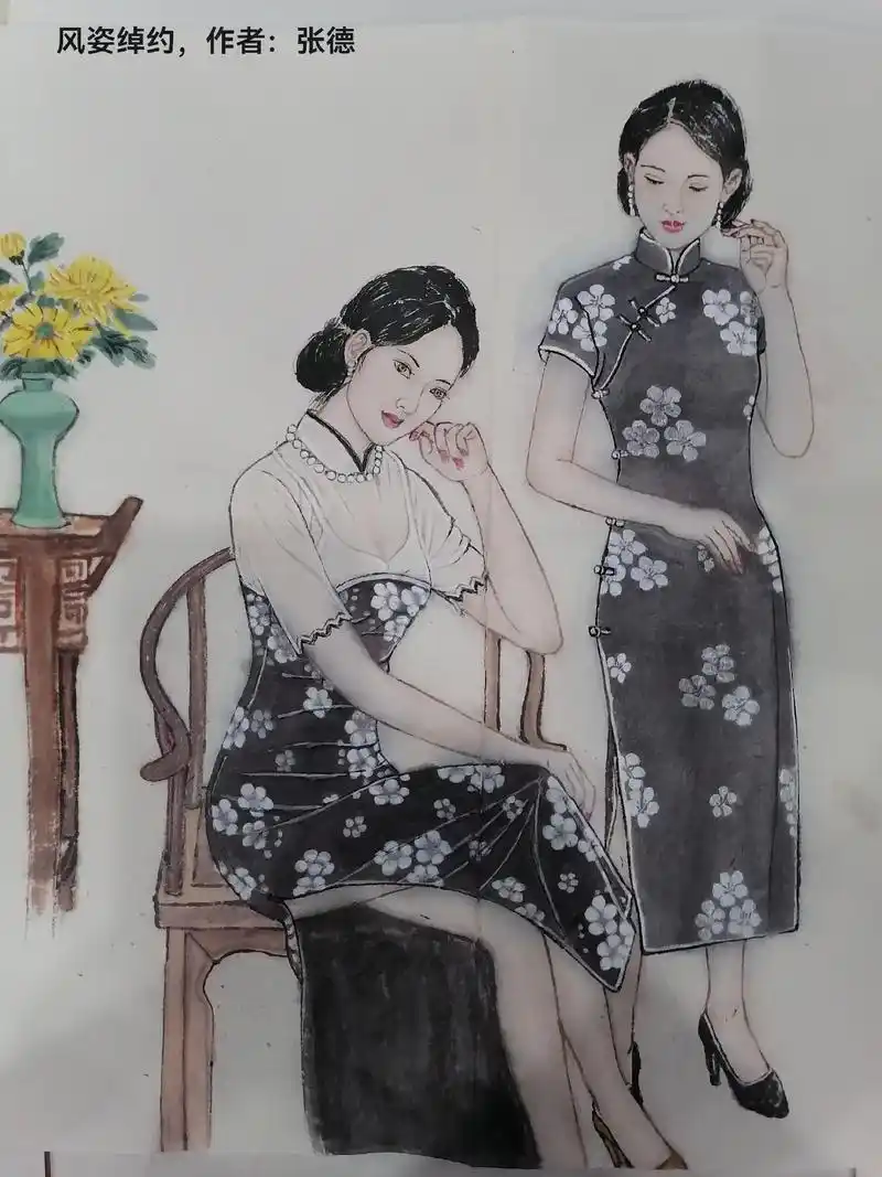 国画人物:旗袍系列,作者:张德 - 抖音