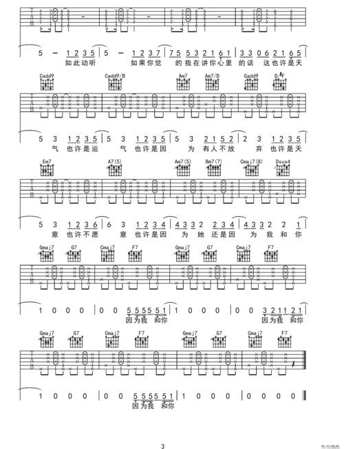 因为你吉他谱图片格式六线谱-明明简谱网