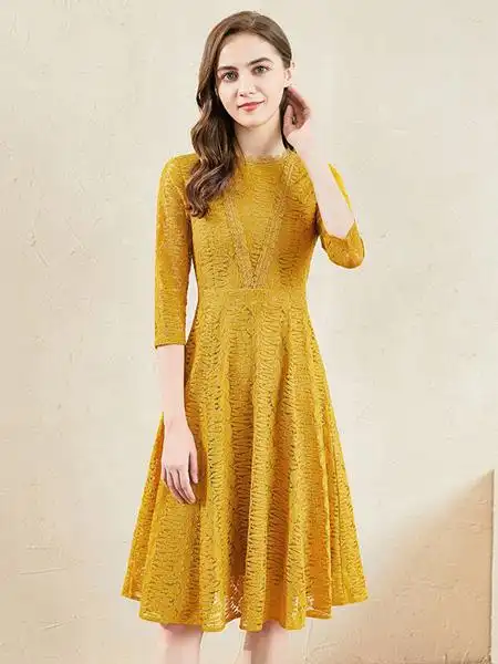 珂瑞思女装品牌2020秋季黄色长款连衣裙