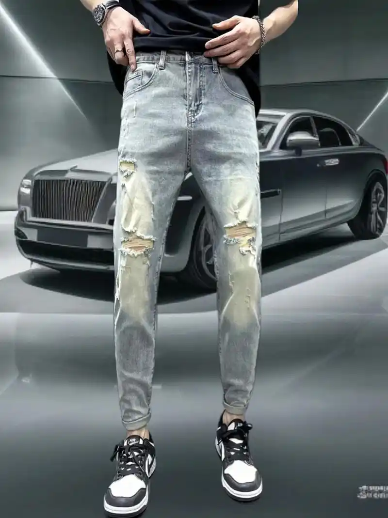 复古破洞牛仔裤男款夏季薄款,个性潮牌时尚弹力显瘦男士修身小脚裤!