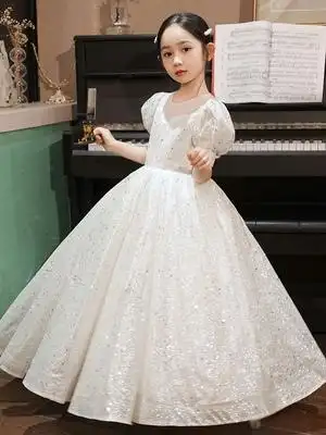 儿童婚纱长裙白色公主裙女童礼服连衣裙中大童演出服女孩生日钢琴