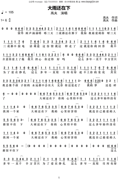 高夫《大雨还在下》谱g调单音独奏谱