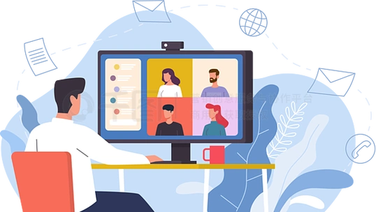 视频会议服务台的人提供集体虚拟会议,使用计算机,在线聊天远程工作与