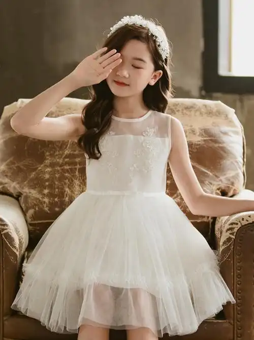 童装女童连衣裙2021春夏款儿童公主裙表演白色纱裙女孩红色裙子rx