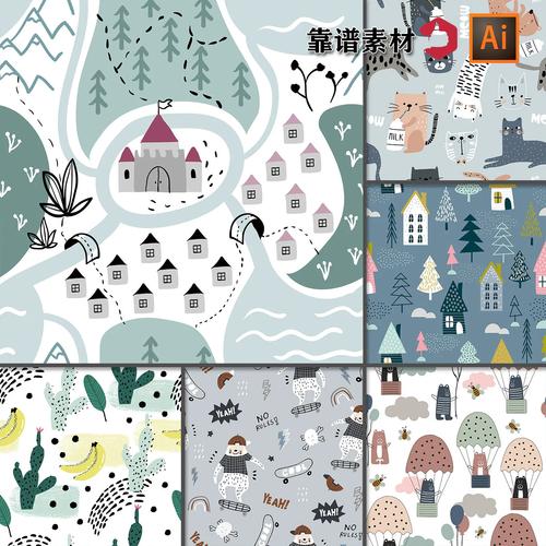 可爱时尚扁平卡通插画森林动物无缝重复拼接印花图案ai设计素材