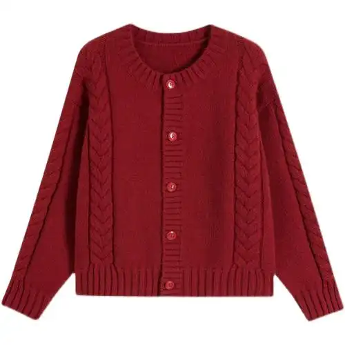 suntek红色针织开衫麻花短款慵懒风加厚毛衣外套女秋冬宽松复古温柔春