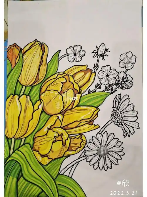马克笔临摹装饰画郁金香有线稿