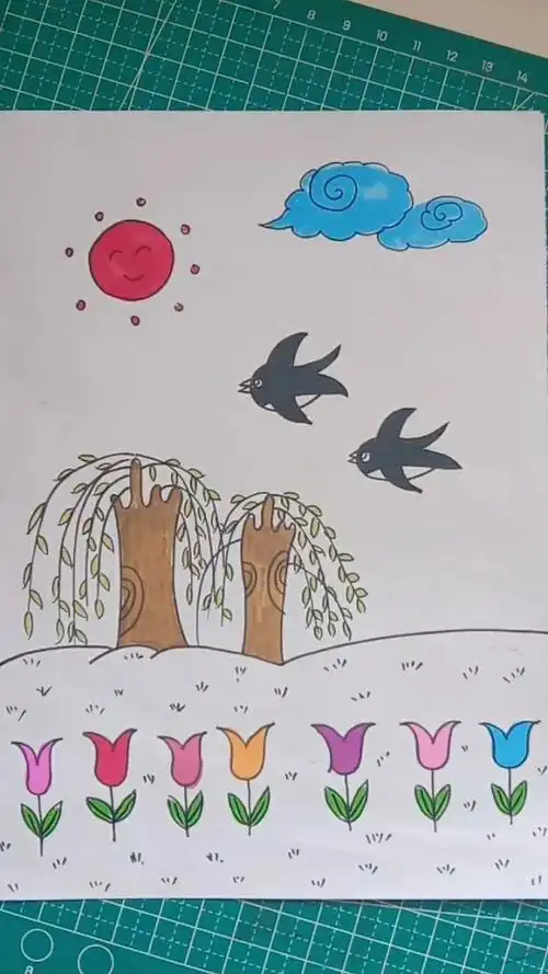 画一幅春天的景象,挺简单的可以教宝宝画一下