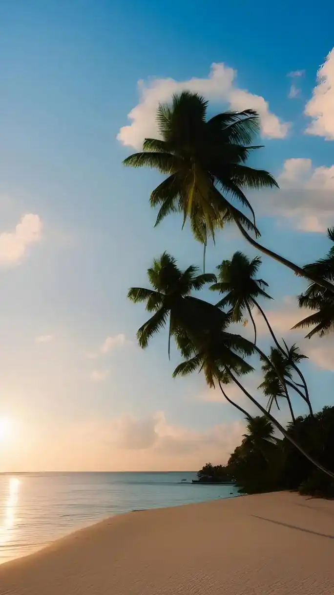 海边.夕阳边的海滩金黄一片,椰树的影子与天空相应成趣,夕阳下 - 抖音