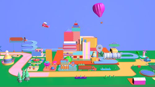 c4d源文件 c221204彩色小镇 c4d设计素材汽车飞机建筑楼房c4d动画