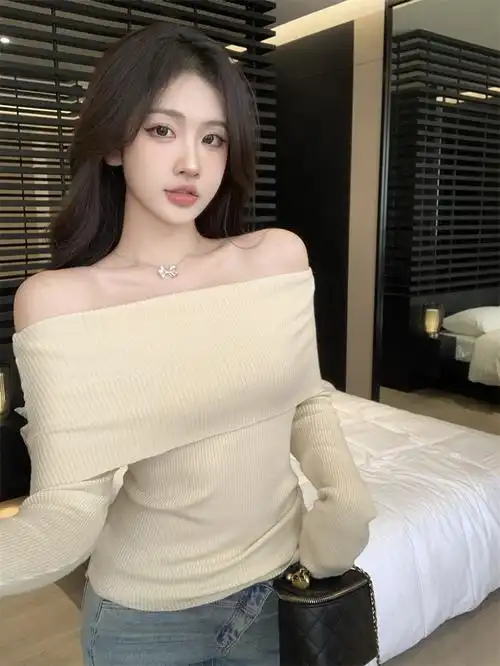 2024法式一字肩锁骨针织性感慵懒内搭露肩外穿长袖上衣 - 17网