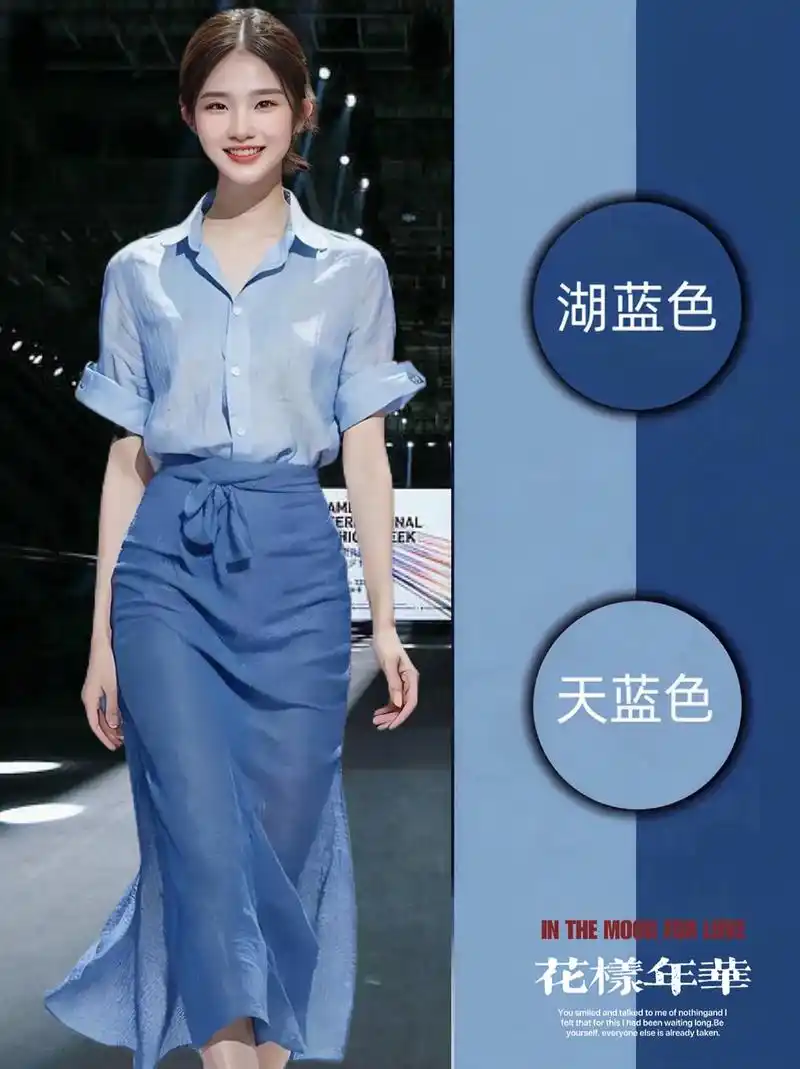 搭配你的高级范儿 这个天蓝色衬衣搭配湖蓝色的裙子真的是太好看了