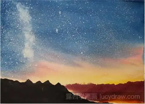 幅星空图的关键在于调色和接色,除了近景中蓝灰色的山体剪影用干画法