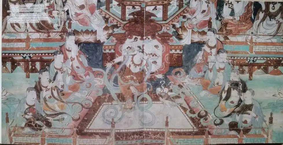 踏歌起舞,舞姿雄健激昂,眼睛注视着身旁弹琵琶的迦陵频伽伎乐