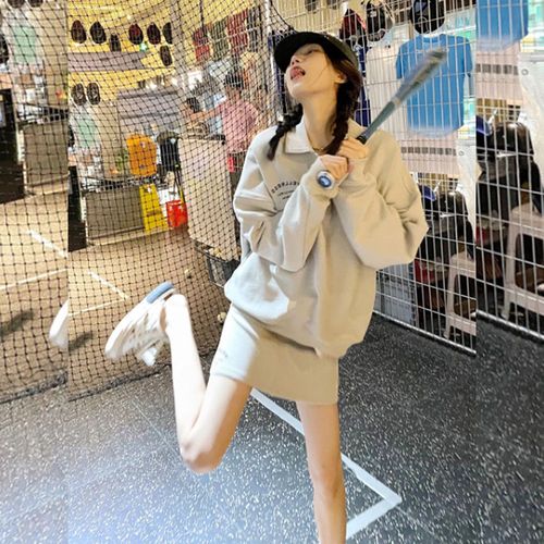 美式复古polo领宽松卫衣配半身裙休闲运动套装两件套女秋季小个子