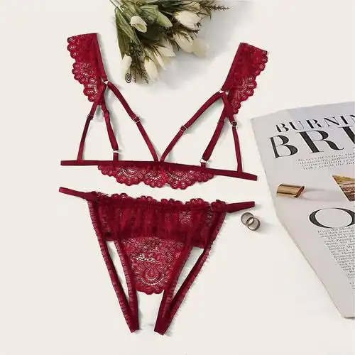 夏季情趣三点式内衣蕾丝镂空文胸套装火辣激情开裆免脱情趣内衣