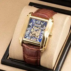 进口长方形全自动机械表男士手表男名牌镂空防水时尚休闲方型男表