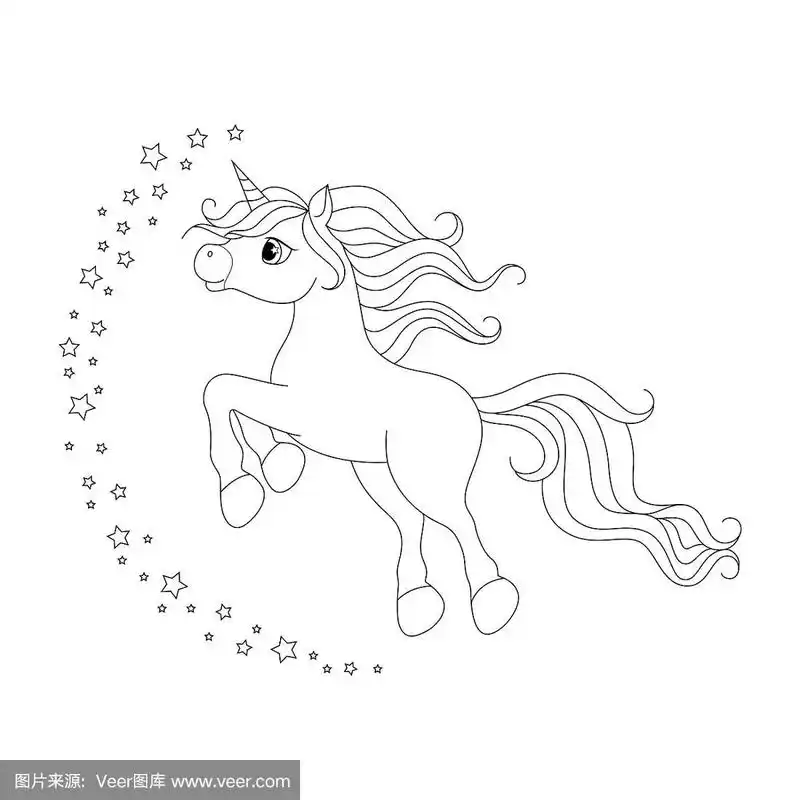 可爱的卡通独角兽.黑白矢量插图着色书.