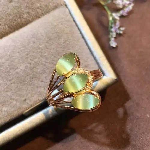 新品时尚猫眼玉石凤尾戒指和田碧玉镶嵌18k颈饰