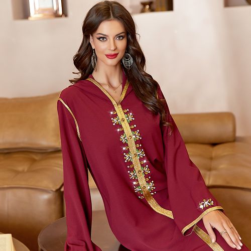 新款民族风手工缝钻长袍中东阿拉伯长裙迪拜旅游女装长裙马来女装