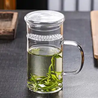 祺草月牙杯玻璃水杯大容量茶水分离过滤泡茶杯子带把办公室耐高温70