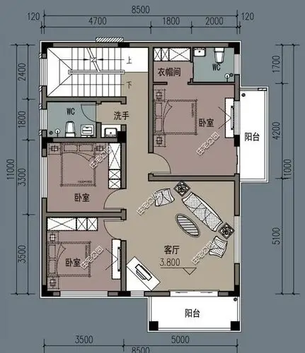 开间9米,进深11米,左右没邻居,三层农村别墅怎么设计?