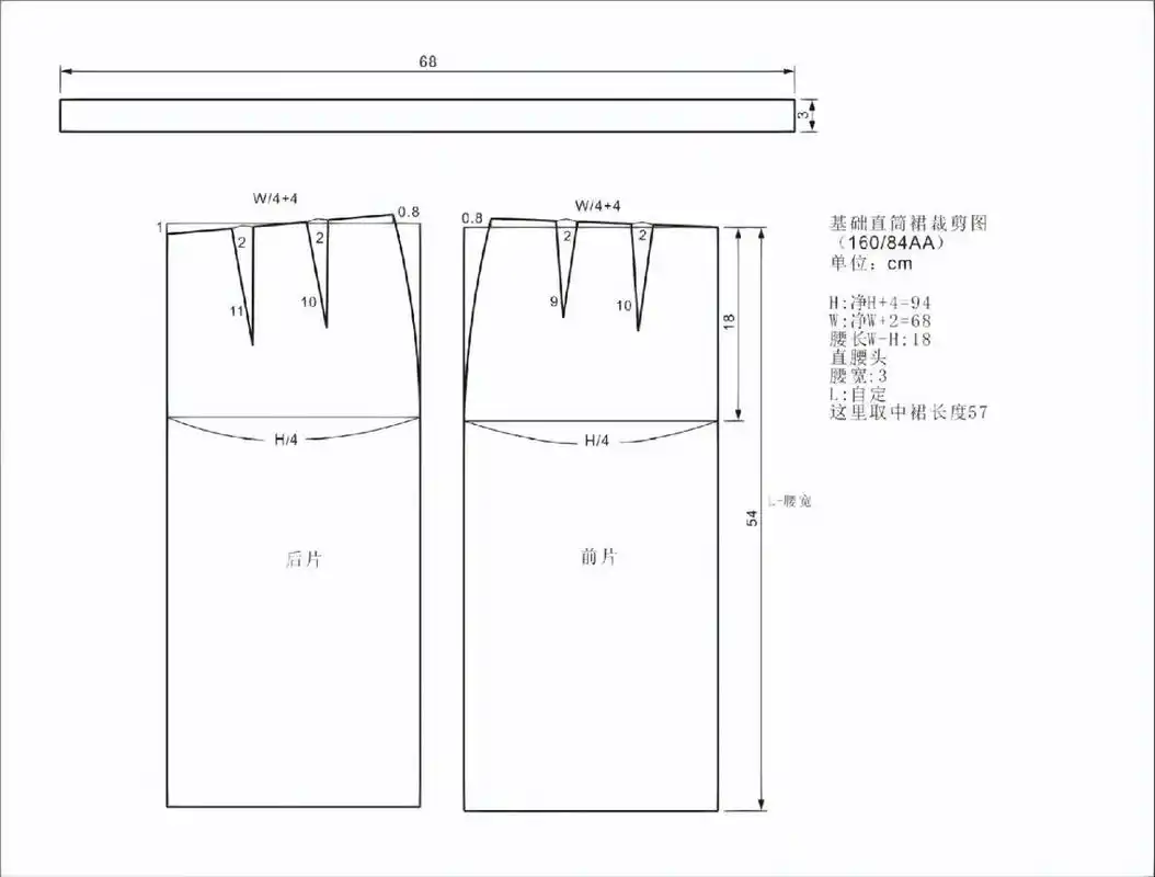 基础版直筒裙裁剪图分享 此款是最基础的直筒裙 这里以身高160cm,胸围