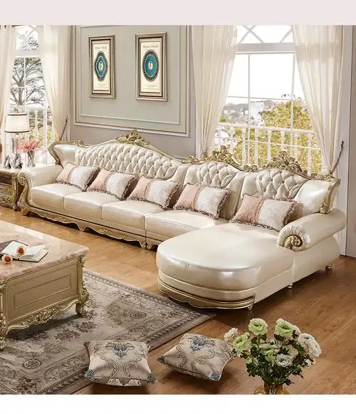 梦美斯宣 欧式真皮香槟色沙发法式美式实木雕花转角沙发组合大小户型