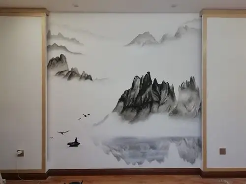 近期完成的手绘壁画山水云问间坐禅问道