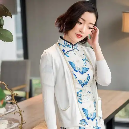 逸红颜 金子 2018秋季新款女薄款旗袍外搭外套开衫小香风针织百搭七分