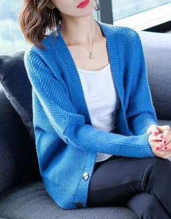 风毛衣外套女韩版2018新款秋装潮短款宽松春秋蝙蝠袖针织开衫 蓝色 l