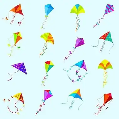 矢量彩色风筝套装.孤立的玩具,物体和游戏,不同的收藏组