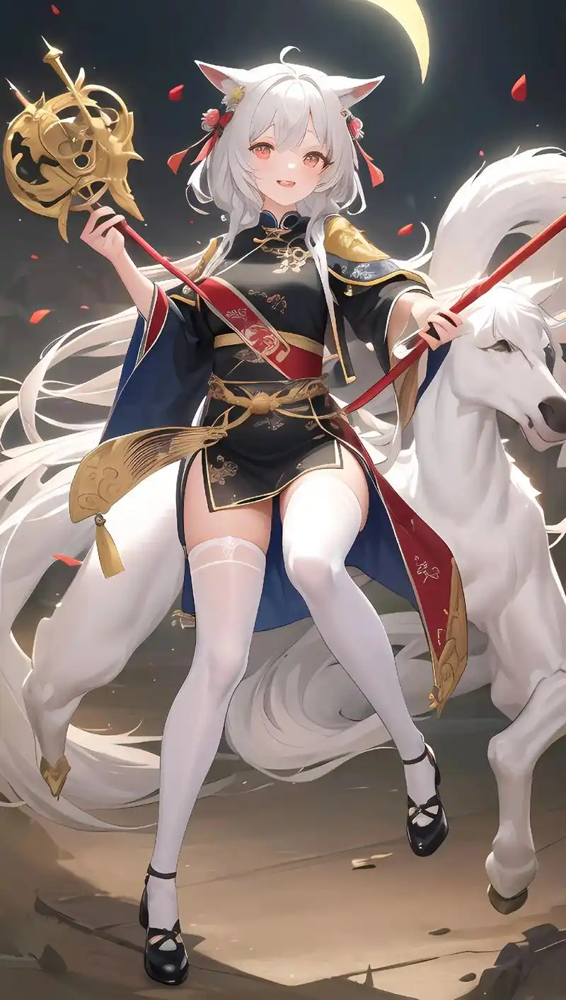 动漫少女 身着戏服的女子,手持剑,骑着背上有新月,背景是月 - 抖音