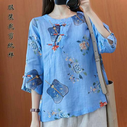 1:1实样裁剪cx134棉麻衬衫夏季斜襟宽松七分袖亚麻上衣女纸样版图