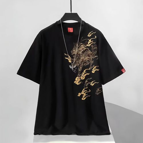 国潮重工刺绣麒麟踏祥云图案短袖t恤男女宽松中国风绣花体恤半袖【7天