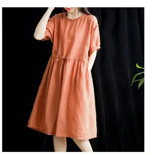 夏典素订棉麻女装官方款高端奢侈文艺宽松纯色蕾丝拼接圆领五分袖宽松