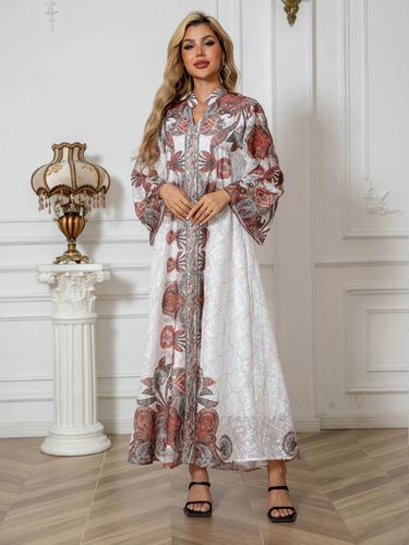 阿拉伯风连衣裙长袖纯色印花长裙简约日常度假裙迪拜旅游服装