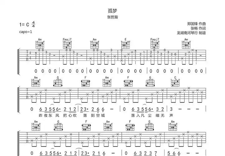 孤梦吉他谱_张哲瀚_c调弹唱